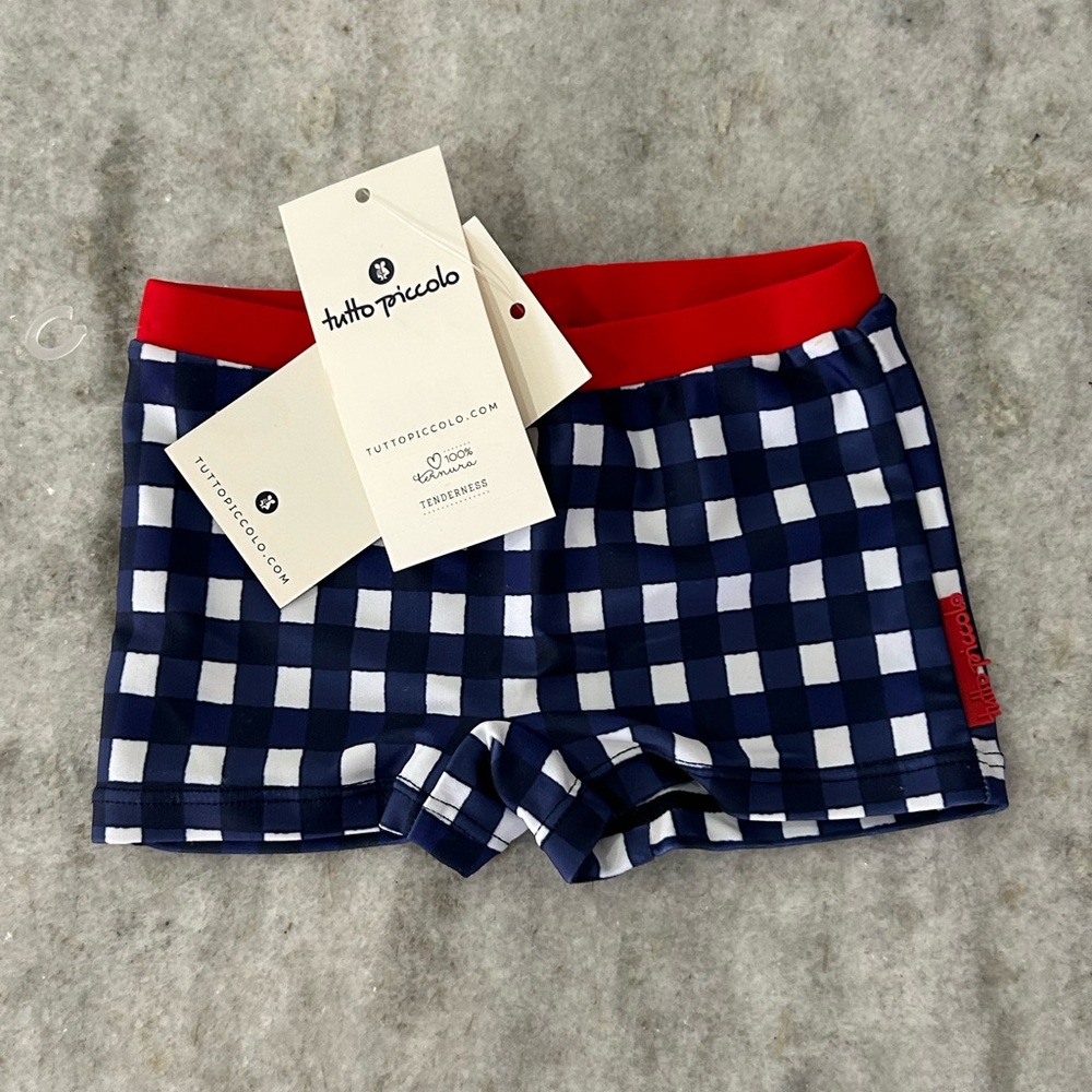 Kids Swim Trunks - Red and Blue Checkered